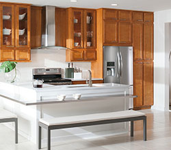 Aristokraft Cabinetry Shaker Style Kitchen Benton, Wood Birch, Finish: Autumn, Decorative End Base, Lazy Susan, 3-drawer base cabinet